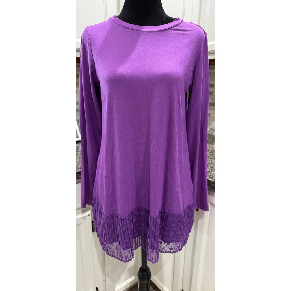 LOGO Lori Goldstein Purple Long Sleeve Tunic Top Star Lace Hem Pockets XS